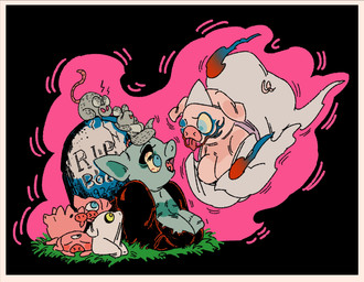 1_eye 3_eyes abstract_background anthro black_background breasts cleavage clothed clothing eye_falling_out feral group motion_lines multi_eye pink_background pink_eyes simple_background tombstone torn_clothing sori0414 domestic_pig ghost mammal murid murine rat rodent spirit suid suine sus_(pig) undead zombie hi_res