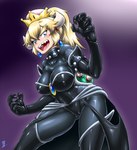 alternate_species big_breasts blonde_hair blue_eyes blush breasts clothed clothing collar crown female hair headgear horn latex nipple_outline open_mouth simple_background solo standing super_crown wide_hips omoi bowsette_meme mario_bros nintendo bowser animal_humanoid horned_humanoid humanoid koopa koopa_humanoid scalie scalie_humanoid 2018 hi_res meme