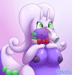 anthro big_breasts blush boop bow_tie breasts disembodied_hand female female_anthro gradient_background green_eyes hand_on_breast nipples simple_background solo galv3z_(artist) nintendo pokemon generation_6_pokemon goodra pokemon_(species) 2020 absurd_res hi_res signature