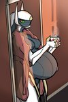 anthro bathrobe bathrobe_only breasts clothing coffee_mug doorway eyelashes featureless_breasts female green_eyes in_doorway inside mouthless navel open_bathrobe outie_navel pregnant pregnant_anthro pregnant_female robe solo standing steam white_body dima_(artist) nintendo pokemon arceus generation_4_pokemon legendary_pokemon pokemon_(species) hi_res