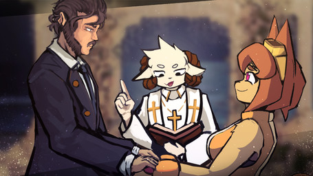 anthro book clothing cross detailed_background eyewear female fur goggles group hand_holding human_on_anthro interspecies male male/female priest purple_eyes trio wedding yellow_body yellow_clothing yellow_fur fuseadrift gameoverse glitch_productions jschlatt kit_bodega felid human humanoid mammal 16:9 colored hi_res widescreen