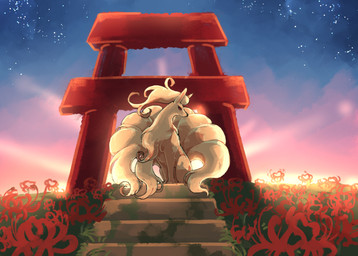 9_tails ambiguous_feral ambiguous_gender black_nose detailed_background feral flower fluffy fluffy_chest fluffy_tail front_view fur grass head_tuft kemono light monotone_body monotone_fur monotone_tail multi_tail outside pink_inner_ear plant pose quadruped red_eyes sitting sky snout solo stairs star starry_sky sunlight tail torii tuft twilight yellow_body yellow_ears yellow_fur yellow_tail ohayou_milk nintendo pokemon canid canine generation_1_pokemon mammal ninetales pokemon_(species) absurd_res colored digital_media_(artwork) full-length_portrait hi_res portrait shaded