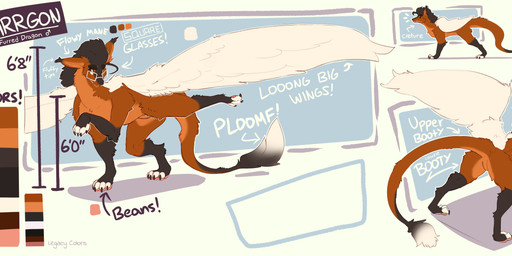 ambiguous_gender black_body black_claws black_ear_tips black_eyebrows black_fur black_legs black_mane black_tail black_toe_claws black_tuft brown_body brown_eyes brown_fur brown_legs brown_tail brown_tuft calf_tuft cheek_tuft claws color_swatch countershade_fur countershade_legs countershade_neck countershade_tail countershade_torso countershading dipstick_ears dipstick_tail ear_markings ear_tuft eyebrows eyewear facial_tuft feathered_wings feathers feral flesh_fang fur glasses inner_ear_fluff leg_tuft looking_at_viewer looking_back looking_back_at_viewer mane markings multicolored_ears multiple_poses neck_tuft orange_body orange_countershading orange_fur orange_inner_ear_fluff orange_tail orange_tuft pawpads pink_pawpads pose presenting pupils quadruped slit_pupils smile smirk smug smug_grin solo standing tail tail_markings tail_tuft text thigh_tuft tuft white_body white_eyewear white_feathers white_fur white_glasses white_tail white_tail_tip white_toes wings kojisauce mythology tarrgon dragon furred_dragon furred_scalie mythological_creature mythological_scalie scalie 2026 absurd_res clip_studio_paint_(artwork) digital_drawing_(artwork) digital_media_(artwork) english_text hi_res model_sheet male_(lore)