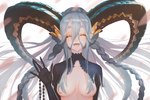 2_horns beads black_clothing black_horn bodily_fluids braided_hair breasts clothing crying curled_horn eyes_closed fangs female grey_hair hair horn humanoid_pointy_ears long_hair long_horn pointy_ears revealing_clothes sharp_teeth simple_background smile solo tears teeth wave white_background 00oooot fate_(series) type-moon tiamat_(fate) humanoid 2020 digital_media_(artwork)