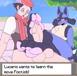 3_toes ambiguous_gender anthro barefoot blush blush_lines duo feet foot_fetish foot_focus foot_on_balls foot_play footjob genitals hindpaw humanoid_feet interspecies male male/male pawpads paws penile penis plantigrade pokephilia sex soles toes two-footed_footjob bcm13 nintendo pokemon lucas_(pokemon) generation_4_pokemon human lucario mammal pokemon_(species) hi_res