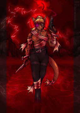 ambiguous_gender anthro bandage bandaged_arm bandaged_belly bandaged_chest bandaged_leg bandaged_tail belt blonde_hair blood bodily_fluids bullet_wound claws cliff clothed clothing cuff_(restraint) digitigrade electricity front_view full_moon glowing glowing_eyes gun hair halo handgun holding_gun holding_handgun holding_knife holding_object holding_ranged_weapon holding_revolver holding_weapon knife lightning looking_at_viewer moon muscular muscular_anthro night notched_ear outside ponytail raining ranged_weapon restraints revolver scar solo storm text topless walking water weapon wet wounded wrist_cuffs lusciouslioness project_silverfish inheritor lizard reptile scalie 2026 absurd_res dated hi_res url