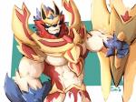 anthro armor biceps blue_body blue_fur fur holding_object holding_shield male multicolored_body multicolored_fur muscular muscular_male red_body red_fur shield unconvincing_armor white_body white_fur makowolf1 nintendo pokemon crowned_shield_zamazenta generation_8_pokemon legendary_pokemon mammal pokemon_(species) zamazenta 2019 hi_res signature