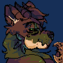 ambiguous_gender anthro biped brown_hair chewing cookie countershade_face countershading eating eating_food food green_body hair pixelated_heart side_view simple_background solo text transparent_background odorayaki canid mammal 1:1 alpha_channel animated animated_gif bust_portrait digital_media_(artwork) pixel_(artwork) pixel_animation portrait short_playtime