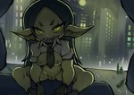 bottle bottomless breasts clothed clothing container female genitals green_body innie_pussy not_furry pupils pussy sharp_teeth slit_pupils solo teeth noise_(artist) goblin humanoid hi_res