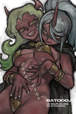 2_heads abdominal_scar big_breasts bikini bikini_top bracelet breasts c-string clothing eyewear female glasses horn jewelry multi_head pussy_tape scar swimwear tape thong two-piece_swimsuit underwear batooo_j panty_and_stocking_with_garterbelt kneesocks_daemon scanty_daemon demon demon_humanoid humanoid sibling_(lore) sister_(lore) sisters_(lore)