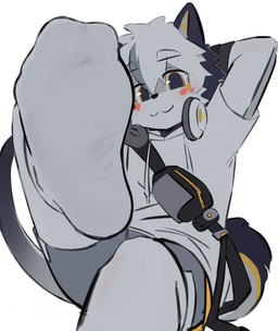 anthro backpack backpack_strap bangs black_ears black_nose black_tail blush bottomwear clothed clothing detailed_feet dipstick_ears ear_markings electronics eyebrow_through_hair eyebrows feet foot_fetish foot_focus footwear fur grey_body grey_bottomwear grey_clothing grey_fur grey_hoodie grey_inner_ear grey_shorts grey_sweater grey_tail grey_topwear hair hands_behind_head headphones headphones_around_neck hoodie legwear looking_at_viewer male multicolored_ears orange_eyes raised_foot raised_leg shorts simple_background sitting smug smug_face smug_grin sock_fetish socks solo sweater tail teasing teasing_viewer teasing_with_feet topwear translucent translucent_hair two_tone_tail white_background white_body white_clothing white_footwear white_fur white_hair white_legwear white_socks chengxiansenowu canid canine canis mammal wolf hi_res portrait three-quarter_portrait