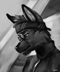 accessory anthro black_clothing black_nose black_shirt black_topwear clothed clothing detailed_background eyewear fur glasses headband male shirt solo topwear lora_mclaren canid canine canis domestic_dog mammal 2021 5:6 absurd_res digital_media_(artwork) hi_res monochrome