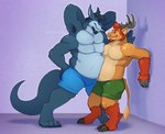 4_arms 4_pecs anthro antlers biped bottomwear clothing digitigrade duo hooves horn leaning_on_wall male male/male multi_arm multi_limb multi_pecs overweight overweight_male pecs plantigrade shorts standing tail thick_tail the-b3ing deer felid hybrid kangaroo lion macropod mammal marsupial pantherine