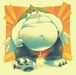 3_toes anthro belly big_belly blush bodily_fluids bottomwear clothing eyes_closed feet male moobs navel overweight overweight_male pants solo sweat toes underwear greenendorf bandai_namco digimon digimon_(species) gargomon 2024 hi_res