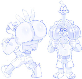 anthro anthrofied backpack beak belt big_breasts big_butt bodily_fluids breasts butt clothed clothing duo emanata featureless_breasts female huge_breasts jewelry male male/female necklace non-mammal_breasts nude simple_background sweat topless white_background wide_hips creamygravy banjo-kazooie rareware banjo_(banjo-kazooie) kazooie avian bear breegull mammal hi_res monochrome