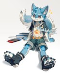 anthro blue_body blue_eyes blue_fur book bottomwear clothing fur fur_markings hair jacket male markings multicolored_body multicolored_fur paws shirt shorts simple_background sitting smile solo tail topwear two_tone_body two_tone_fur white_background rakkasei nintendo nintendo_switch canid canine canis mammal wolf hi_res