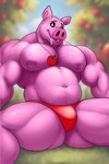 anthro apple_tree areola barazoku biceps black_sclera bodily_fluids bulge butt butt_from_the_front clothed clothing crossgender detailed_background drooling facial_hair fruit_tree ftm_crossgender jewelry looking_at_viewer male muscular muscular_anthro muscular_male navel necklace nipples outside pecs pink_body pink_skin plant red_clothing red_underwear saliva sitting smile solo stubble thick_thighs tongue tongue_out tree underwear underwear_only white_eyes cafeaubandage mob_entertainment poppy_playtime smiling_critters pickypiggy critters_(poppy_playtime) domestic_pig mammal suid suina sus_(pig) 2024 digital_drawing_(artwork) digital_media_(artwork)