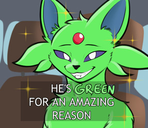 car_seat feral green_body looking_at_viewer male simple_background smile smiling_at_viewer solo sparkles text text_box unusualmatias nintendo pokemon dan_hentschel eeveelution espeon generation_2_pokemon mammal pokemon_(species) shiny_pokemon english_text hi_res meme