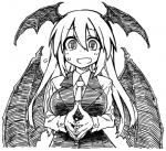 bat_wings bodily_fluids clothed clothing fangs female hair head_wings long_hair membrane_(anatomy) membranous_wings necktie not_furry open_mouth shirt solo suit sweat sweatdrop teeth topwear unusual_wing_placement wings yoshida_hideyuki touhou koakuma demon humanoid winged_humanoid monochrome