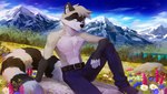 2022 anthro athletic athletic_male blue_eyes bottomwear chest_tuft clothed clothing denim denim_bottomwear denim_clothing detailed_background ear_piercing fingerless_(marking) fur grey_body grey_fur hi_res industrial_piercing jeans lucas_(oonracc) male mammal markings melloque mountain outside pants piercing procyonid raccoon reclining smile smirk solo striped_markings striped_tail stripes tail tail_markings topless tuft