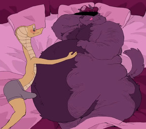 anthro bed belly belly_fucking belly_humping big_belly big_butt blep blush butt clothed clothing duo erection_under_underwear fur furniture grey_clothing grey_underwear hand_on_belly hat hat_only hat_over_eyes headgear headgear_only headwear headwear_only huge_belly humping love_handles lying male male/male moobs mostly_nude navel_fetish navel_penetration obese obese_anthro obese_male on_bed on_side overweight overweight_anthro overweight_male penetration penis_in_navel pink_tongue purple_body purple_fur size_difference tenting thick_thighs tongue tongue_out underwear underwear_only loremsipsum canid canine canis mammal reptile scalie snake wolf animated no_sound short_playtime webm