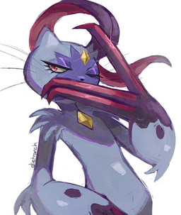 ambiguous_gender anthro claws eyelashes fur one_eye_closed purple_body purple_fur red_eyes simple_background solo whiskers dietranch nintendo pokemon generation_8_pokemon pokemon_(species) sneasler 2025 hi_res signature