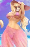 anthro big_breasts bikini blonde_hair breasts clothed clothing female fur hair hands_behind_head hat headgear headwear looking_at_viewer outside pink_bikini pink_clothing pink_swimwear skimpy sky smile solo sun_hat swimwear tan_body tan_fur thick_thighs translucent translucent_clothing two-piece_swimsuit veliren_rey canid canine canis domestic_dog mammal 2023 hi_res