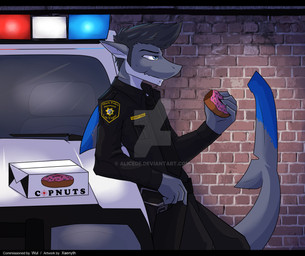 anthro black_bars clothed clothing food male outside police police_uniform solo uniform xaenyth aquatic fish shark letterbox source_request unavailable_at_source