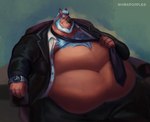 anthro beard belly belly_overhang big_belly black_clothing blue_hair bottomwear brown_body chair chest_tuft clock clothed clothing facial_hair furniture hair horn huge_belly male necktie obese obese_anthro obese_male open_clothing open_topwear overweight overweight_anthro overweight_male pants sitting solo suit topwear tuft watch wristwatch shibadoodles mordechai mammal rhinoceros absurd_res hi_res