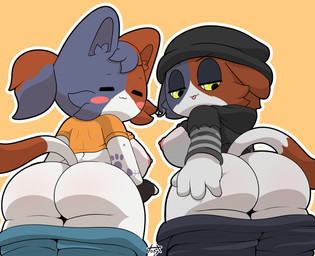 anthro big_breasts big_butt blush bottomwear bottomwear_down breasts butt clothed clothing duo eyes_closed female fur hand_on_butt looking_at_viewer looking_back looking_back_at_viewer nipples pants pants_down partially_clothed white_body white_fur tonytoran epic_games fortnite cate_meowdy meow_skulls calico_cat domestic_cat felid feline felis mammal 2026 absurd_res alternate_version_at_source hi_res