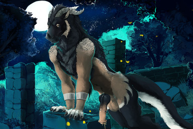 animal_genitalia animal_penis anthro anthro_peeing arm_tuft balls black_body black_claws black_fur black_penis bodily_fluids bracelet casual_urination cheek_tuft claws detailed_background elbow_tuft equine_genitalia equine_penis erection facial_horn facial_tuft finger_claws full_moon fur genital_fluids genitals horn hybrid_genitalia hybrid_penis jewelry knot knotted_equine_penis knotted_penis leaning leaning_forward leaning_on_object looking_at_viewer male male_anthro male_peeing medial_ring medial_ringed_hybrid_penis moon multicolored_body multicolored_fur multicolored_penis nature nature_background night nose_horn nude_anthro nude_male peeing peeing_outside penis plant solo star tail tan_balls tan_body tan_fur tan_penis tree tuft urine urine_drip urine_stream watersports white_body white_fur wristband i-psilone ember_(trey.embershade) felkin hi_res