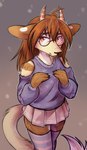 anthro bottomwear clothed clothing confusion crossdressing eyewear femboy glasses legwear male male_anthro skirt solo stockings sweater topwear lonerdemiurge the_crown_of_leaves ferka sahash absurd_res hi_res