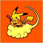 border cloud cosplay flying flying_nimbus fur happy male melee_weapon on_cloud orange_background outside polearm raised_arm riding simple_background smile solo staff tail tongue weapon white_border yellow_body yellow_fur unknown_artist dragon_ball nintendo pokemon goku generation_1_pokemon mammal pikachu pokemon_(species) rodent crossover