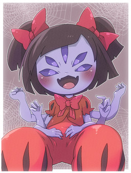 5_eyes 6_arms accessory alternative_fashion black_hair blush bow_ribbon bow_tie clothed clothing fangs female frilly frilly_clothing hair hair_accessory hair_bow hair_ribbon j-fashion looking_at_viewer multi_arm multi_eye multi_limb ouji_(fashion) purple_body ribbons simple_background sitting smile solo teeth young doneru undertale undertale_(series) muffet animal_humanoid arachnid arachnid_humanoid arthropod arthropod_humanoid humanoid spider_humanoid hi_res
