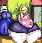 anothercat anthro asgore_dreemurr beard belly big_breasts big_butt blonde_hair bottomwear bovid breasts butt caprine clothed clothing crossgender dress duo facial_hair front_view ftg_crossgender fti_crossgender fur goat gynomorph hair herm huge_butt huge_hips huge_thighs husband_and_wife intersex intersex/male low_res male mammal married_couple mustache outside plant shirt shorts shrub slightly_chubby slightly_chubby_male standing thick_thighs topwear toriel undertale undertale_(series) white_body white_fur wide_hips