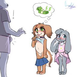 anthro balls blue_eyes blush both_sexes_in_same_situation bottomwear brown_body brown_fur choker clothed clothing clothing_lift countershading crossdressing duo erection erection_under_clothing female femboy floppy_ears foreskin fur genitals grey_body grey_fur jack_and_jill jewelry loli lop_ears male money navel necklace nipples no_underwear penis presenting prostitution shirt shirt_lift shota simple_background skirt skirt_lift tail tail_motion tailwag thought_bubble tongue tongue_out topwear vulva yellow_eyes young young_female young_male ccruelangel canid canine canis domestic_dog lagomorph leporid mammal rabbit absurd_res hi_res signature trans_(lore) trans_woman_(lore)