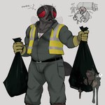 antennae_(anatomy) anthro arthropod_abdomen bodily_fluids body_hair chest_hair clothing compound_eyes coveralls drooling garbage_truck gloves grey_body handwear heavy_truck high-visibility_vest insect_wings male musclegut muscular red_eyes saliva solo sound_effects sweat_stain text thought_bubble trash trash_bag truck vehicle wings ozadene arthropod fly_(animal) housefly insect 1:1 absurd_res hi_res