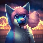 5_fingers amusement_ride anthro blue_body blue_eyes blue_fur blurred_background candy cheek_tuft chest_tuft dessert facial_tuft ferris_wheel fingers food front_view fur glistening glistening_eyes hair looking_at_viewer male neck_tuft nude open_mouth open_smile pink_body pink_fur pink_hair pink_nose pink_tongue smile solo text tongue tongue_out tuft white_body white_fur mylafox berube canid canine fox mammal 1:1 2017 bust_portrait digital_media_(artwork) digital_painting_(artwork) painting_(artwork) portrait url