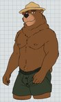 2024 5_fingers anthro bear belly biped black_claws black_nose body_hair boxers_(clothing) brown_body brown_eyes brown_fur bulge checkered checkered_background claws clothed clothing digital_drawing_(artwork) digital_media_(artwork) fingers fist fur green_clothing green_underwear happy_trail hat headgear headwear hi_res looking_at_viewer male male_anthro mammal navel nipples overweight overweight_anthro overweight_male partially_clothed partially_clothed_male pattern_background pink_nipples portrait short_tail simple_background smile smokey_bear solo standing tail tan_body tan_fur tan_inner_ear three-quarter_portrait underwear united_states_forest_service unsafescapewolf white_background white_sclera