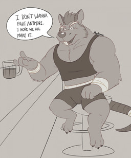 3_toes 4_fingers anthro biped bottomwear clothing dialogue facial_hair feet fingers male mustache open_mouth shirt shorts sitting solo text toes topwear nookdae brok_the_investigator cowcat_games dart_(brok_the_investigator) mammal murid murine rat rodent 2025 english_text hi_res