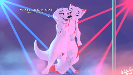 animal_genitalia animal_penis anthro balls collar digitigrade duo fully_sheathed genitals laser male male/male markings penis penis_tip pole sheath smug strip_club stripper_pole text trevart pebble_(letodoesart) trev_(trevart) canid canine fox mammal mustelid otter english_text hi_res