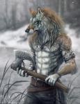 abs anthro armlet axe battle_axe belt bottomwear bracelet braided_hair brown_body brown_fur claws clothed clothing fur grey_body grey_fur hair jewelry male melee_weapon muscular muscular_anthro muscular_male necklace pants scar snow solo tattoo topless viking weapon whiluna canid canine canis mammal wolf hi_res