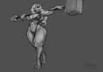 abs big_breasts breasts clothing female hair hammer long_hair maul muscular muscular_female muscular_humanoid navel not_furry solo swimwear tools weapon wide_hips oneobese cyclops humanoid 2014 greyscale monochrome