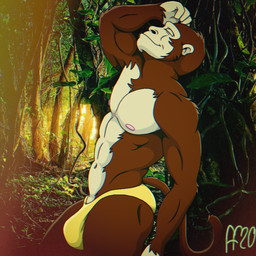abs anthro biped brown_body brown_fur bulge closed_smile clothed clothing eyes_closed fur male mouth_closed muscular muscular_anthro muscular_male navel nipples pink_nipples smile solo speedo speedo_only swimwear tail topless topless_anthro topless_male yellow_clothing yellow_speedo yellow_swimwear fabfelipe haplorhine mammal monkey primate 1:1 2020 chromatic_aberration digital_media_(artwork) hi_res