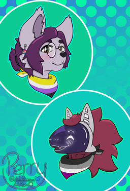 ambiguous_gender anthro blush duo ear_piercing ear_ring eyewear fur glasses hair hair_bun kerchief lgbt_pride machine piercing purple_body purple_fur ring_piercing dumbfeline lgbt_pride_month perry_(dumbfeline) felid feline mammal protogen hi_res