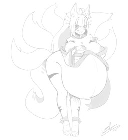 areola areola_slip bangs barefoot bell bell_collar belly big_belly big_breasts blunt_bangs bottomless breasts clothed clothing collar facial_markings feet female fox_ears fox_tail grin head_markings huge_belly huge_breasts hyper hyper_belly hyper_pregnancy looking_at_viewer markings multi_tail navel outie_navel pregnant pregnant_female pregnant_humanoid smile solo tail zerogld animal_humanoid canid canid_humanoid canine canine_humanoid fox_humanoid humanoid mammal mammal_humanoid absurd_res full-length_portrait hi_res monochrome portrait sketch