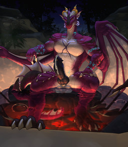 animal_genitalia balls biceps black_penis bodily_fluids claws erection furgonomic_piercing furgonomics genital_fluids genital_piercing genitals horn horn_jewelry jewelry knot looking_at_viewer membrane_(anatomy) membranous_wings multicolored_body partially_submerged penis piercing red_body scar sheath sheath_piercing tail two_tone_body wings glhiro blizzard_entertainment european_mythology mythology warcraft dracthyr dragon mythological_creature mythological_scalie scalie western_dragon hi_res