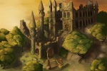 architecture castle castle_of_the_royal_pony_sisters detailed_background everfree_forest forest friendship_is_magic hasbro hi_res my_little_pony outside plant ruins sky tree unknown_artist wallpaper wood yellow_sky zero_pictured
