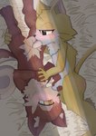 69_position anthro balls bedding bedding_background big_head black_eyes blush bodily_fluids duo erection fellatio genitals hand_holding high-angle_view interspecies light male male/male male_anthro neck_tuft nude oral penile penis sex sweat tuft whiskers yellow_eyes young young_anthro young_male young_on_young suzuinu fairy_musketeers cane_(fairy_musketeers) randagio_(fairy_musketeers) canid canine canis domestic_cat domestic_dog felid feline felis mammal 2025 absurd_res hi_res lighting