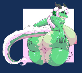 anthro big_breasts big_butt breasts butt female green_body hand_on_butt horn huge_breasts huge_butt looking_at_viewer looking_back looking_back_at_viewer nipples pink_nipples presenting presenting_hindquarters solo tail unknown_artist european_mythology mythology dragon mythological_creature mythological_scalie scalie western_dragon absurd_res alpha_channel character_request hi_res
